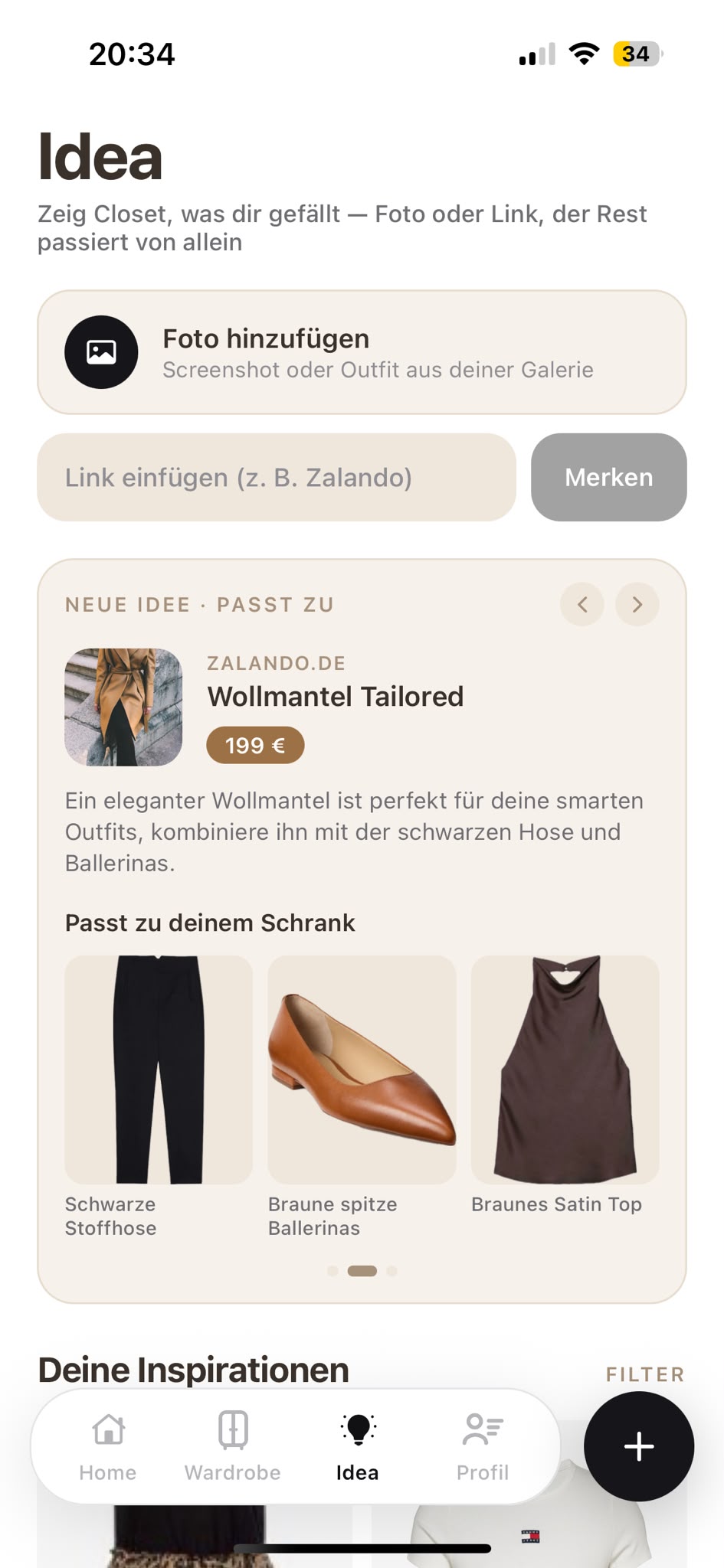 Closet App — Idea-Hub: weiterer Produktvorschlag mit Schrank-Abgleich
