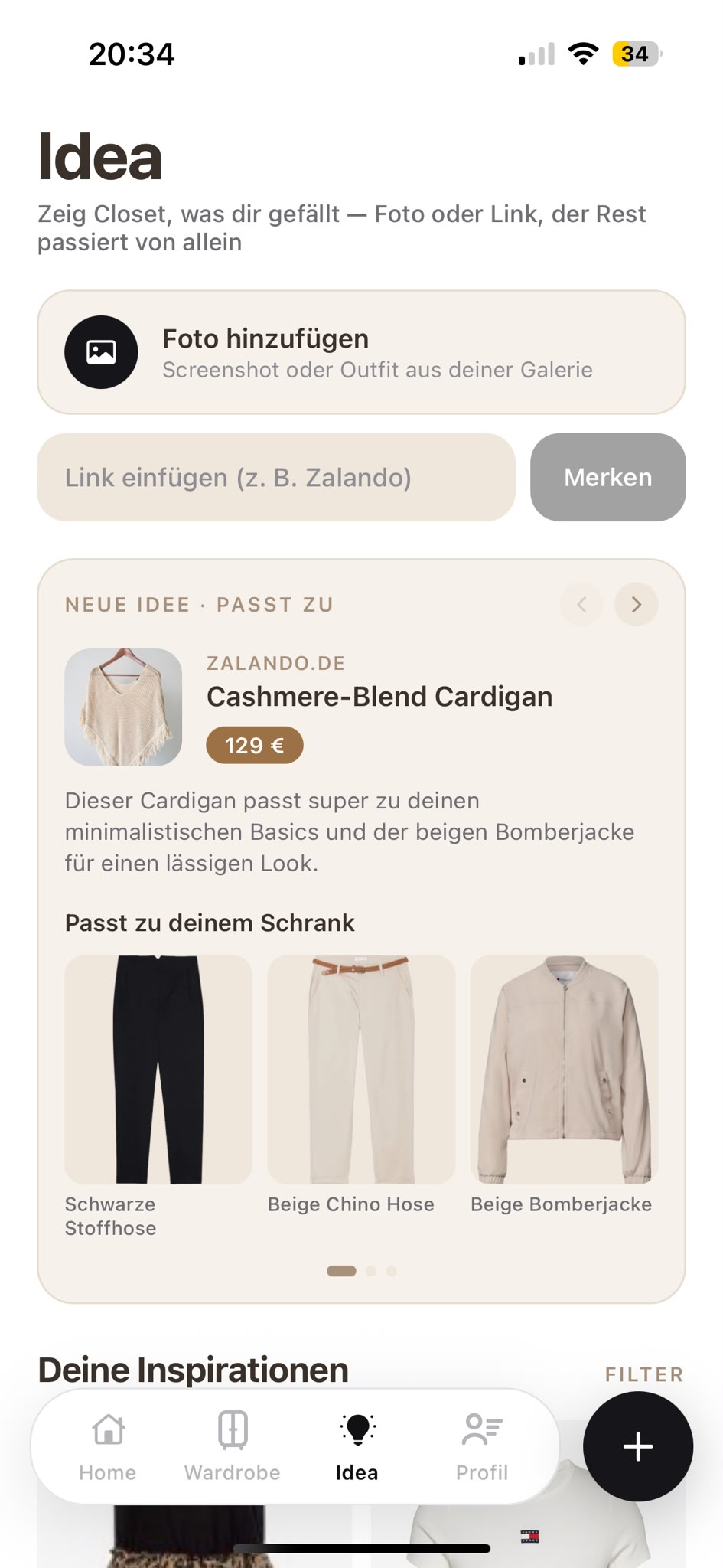 Closet App — Idea-Hub: Produktvorschlag mit passenden Teilen aus dem eigenen Schrank