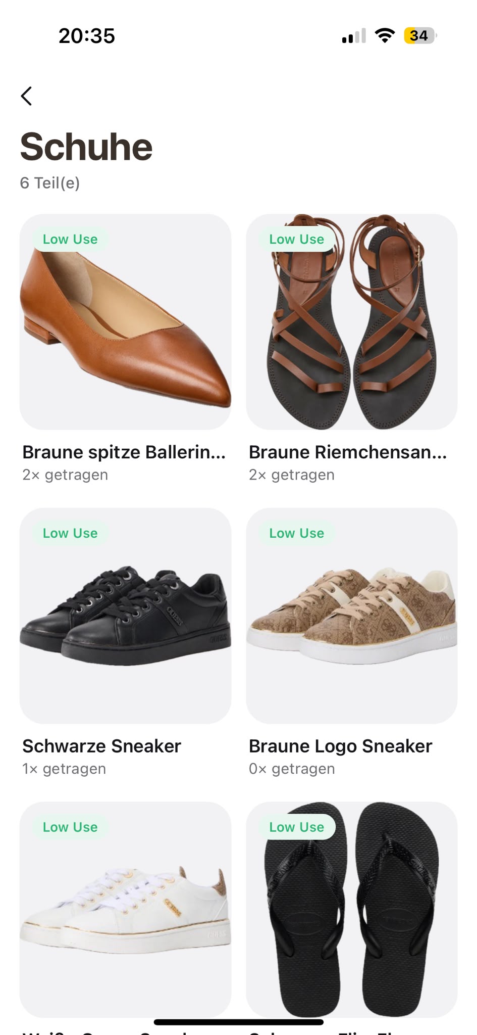 Closet App — Kategorie Schuhe mit Trage-Statistik