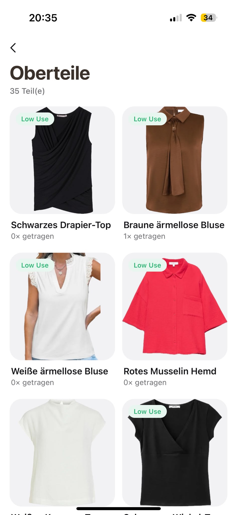 Closet App — Kategorie Oberteile mit 35 erfassten Teilen